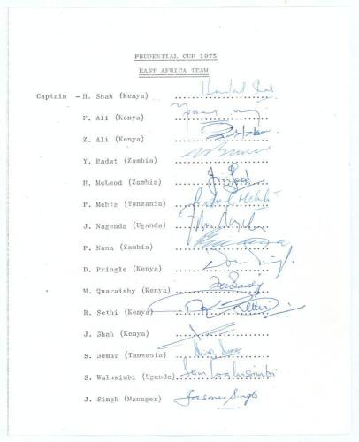 East Africa. Prudential World Cup, England 1975. Official autograph sheet with printed title and players&rsquo; names, fully signed by all fifteen listed members of the East Africa team. Signatures include Shah (Captain), F. Ali, Z. Ali, Badat, McLeod, Nagenda,