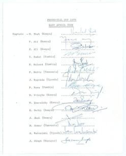 East Africa. Prudential World Cup, England 1975. Official autograph sheet with printed title and players&rsquo; names, fully signed by all fifteen listed members of the East Africa team. Signatures include Shah (Captain), F. Ali, Z. Ali, Badat, McLeod, Nagenda,