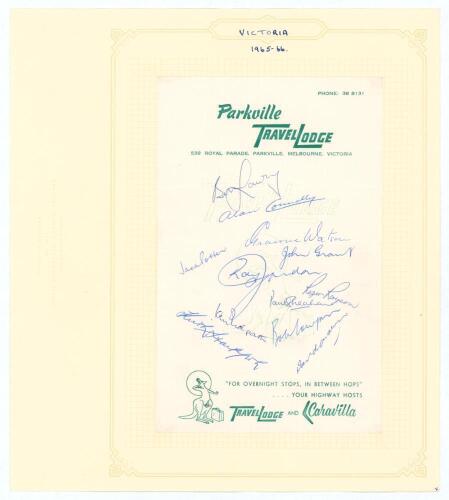 Victoria 1965/66. Page on Parkville Travelodge, Melbourne headed note paper, signed in biro by twelve members of the Victoria team. Signatures are Lawry, Connolly, Potter, Watson, Grant, Jordan, Rayson, Sheahan, Redpath, R. Cowper, Stackpole and Anderson.