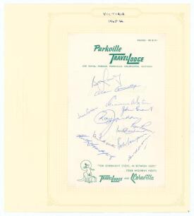 Victoria 1965/66. Page on Parkville Travelodge, Melbourne headed note paper, signed in biro by twelve members of the Victoria team. Signatures are Lawry, Connolly, Potter, Watson, Grant, Jordan, Rayson, Sheahan, Redpath, R. Cowper, Stackpole and Anderson.