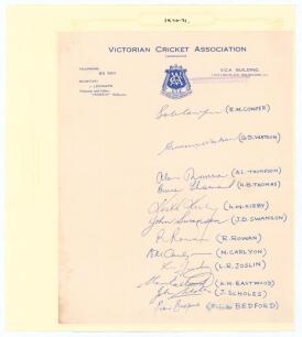 Victoria 1970/71. Official autograph sheet on Victorian Cricket Association letterhead signed by twelve members of the Victorian team. Players&rsquo; names annotated alongside each signature. Signatures are Cowper, Watson, Thompson, Thomas, Kirby, Swanson, Rowa