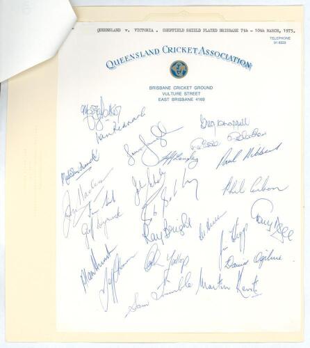 Queensland and Victoria 1974/75. Official Queensland Cricket Association letterhead signed in biro by twenty four players who took part in the match at Brisbane 7th- 10th March 1975. Signatures include Francke, Chappell, Langley, Maclean, Dymock, Carlson,