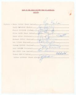 Rest of the World tour to Australia 1971/72. Rarer autograph sheet with typed title and players&rsquo; names. Fully signed by all twelve listed members of the Rest of the World team. Signatures are Kanhai (Captain), Gavaskar, Engineer, Lloyd, Zaheer Abbas, Hutt