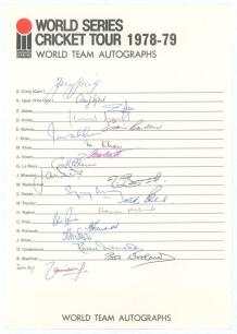 &lsquo;World Series Cricket Tour 1978-79. World Team Autographs&rsquo;. Official autograph sheet fully signed in ink by the nineteen listed members of the World Team team and additionally by Taslim Arif. Other signatures are Greig (Captain), Asif Iqbal, Zaheer Abbas,