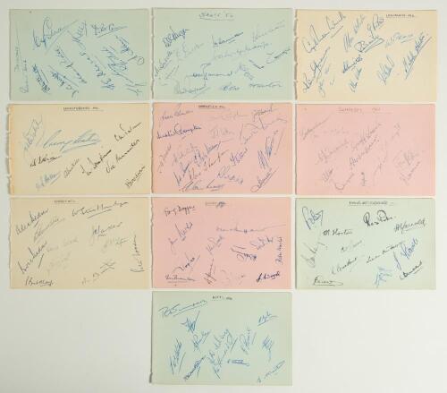 County team signatures 1954. Ten album pages taken from an autograph book, each page nicely signed in ink by members of eleven County sides. Teams are Derbyshire (11 signatures), Hampshire (13), Lancashire (11), Leicestershire (9), Middlesex (16), Northam
