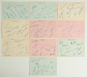 County team signatures 1954. Ten album pages taken from an autograph book, each page nicely signed in ink by members of eleven County sides. Teams are Derbyshire (11 signatures), Hampshire (13), Lancashire (11), Leicestershire (9), Middlesex (16), Northam