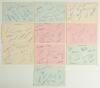 County team signatures 1954. Ten album pages taken from an autograph book, each page nicely signed in ink by members of eleven County sides. Teams are Derbyshire (11 signatures), Hampshire (13), Lancashire (11), Leicestershire (9), Middlesex (16), Northam