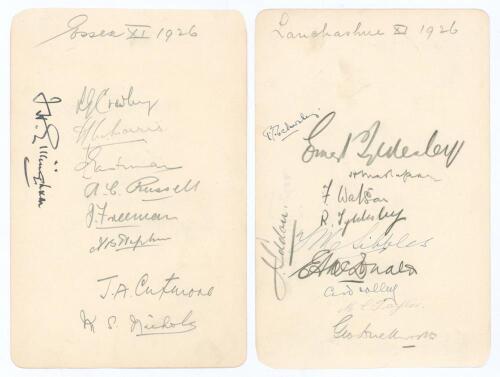 Essex and Lancashire 1926. Large album page nicely signed to one side in pencil and ink by nine Essex players and to the verso by eleven of Lancashire. Essex signatures are F.H. Gillingham, Crawley, H.M. Morris, L.C. Eastman, Russell, Freeman, Hipkin, Cut