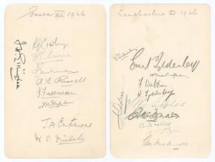 Essex and Lancashire 1926. Large album page nicely signed to one side in pencil and ink by nine Essex players and to the verso by eleven of Lancashire. Essex signatures are F.H. Gillingham, Crawley, H.M. Morris, L.C. Eastman, Russell, Freeman, Hipkin, Cut