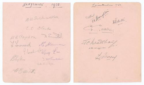 Derbyshire and Leicestershire 1932. Album page signed in pencil to one side by twelve members of the Derbyshire team and, to the verso, in ink and pencil by seven of Leicestershire. Derbyshire signatures are Richardson (Captain), Clarke, Copson, Smith, To