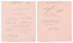 Derbyshire and Leicestershire 1932. Album page signed in pencil to one side by twelve members of the Derbyshire team and, to the verso, in ink and pencil by seven of Leicestershire. Derbyshire signatures are Richardson (Captain), Clarke, Copson, Smith, To