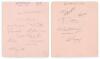 Derbyshire and Leicestershire 1932. Album page signed in pencil to one side by twelve members of the Derbyshire team and, to the verso, in ink and pencil by seven of Leicestershire. Derbyshire signatures are Richardson (Captain), Clarke, Copson, Smith, To