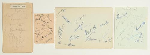 Glamorgan C.C.C. 1928-1956. Four album pages of varying sizes signed by Glamorgan players. Teams are 1928 nine signatures in pencil, c.1930 twelve nice signatures in ink, 1954 twelve in ink, and 1959 twelve in biro. Signatures include Turnbull, Arnott, Su