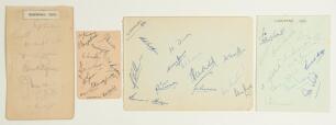 Glamorgan C.C.C. 1928-1956. Four album pages of varying sizes signed by Glamorgan players. Teams are 1928 nine signatures in pencil, c.1930 twelve nice signatures in ink, 1954 twelve in ink, and 1959 twelve in biro. Signatures include Turnbull, Arnott, Su