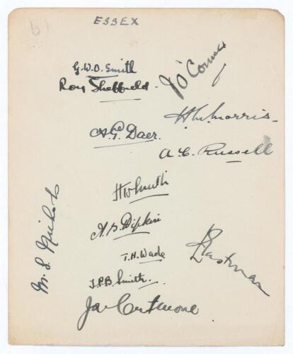 Essex C.C.C. 1929/30. Large album page very nicely signed in black ink by thirteen Essex players. Signatures include the rarer G.W.O. Smith (10 matches 1929-1930), also Sheffield, O&rsquo;Connor, Morris, Daer, Russell, H.T.O. Smith, Hipkin, Wade, T.P.B. Smith, 