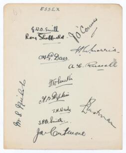 Essex C.C.C. 1929/30. Large album page very nicely signed in black ink by thirteen Essex players. Signatures include the rarer G.W.O. Smith (10 matches 1929-1930), also Sheffield, O&rsquo;Connor, Morris, Daer, Russell, H.T.O. Smith, Hipkin, Wade, T.P.B. Smith, 