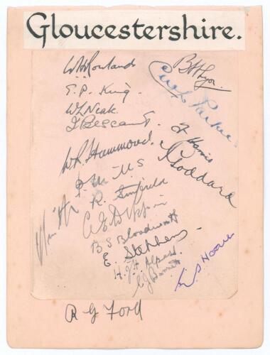 Gloucestershire C.C.C. 1928 & 1929. Small album page laid down to a slightly larger page, nicely signed in black ink by nineteen members of the Gloucestershire team, obtained by the collector, Juliet Pannett. Signatures are Rowland, Lyon, Parker, Neale, B