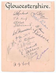 Gloucestershire C.C.C. 1928 & 1929. Small album page laid down to a slightly larger page, nicely signed in black ink by nineteen members of the Gloucestershire team, obtained by the collector, Juliet Pannett. Signatures are Rowland, Lyon, Parker, Neale, B