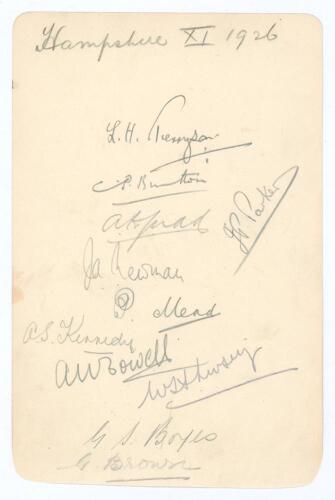 Hampshire C.C.C. 1926. Large album page nicely signed in pencil by eleven Hampshire players. Signatures are Tennyson (Captain), Brutton, Judd, Parker, Newman, Mead, Kennedy, Bowell, Livsey, Boyes and Brown. Good/ very good condition.