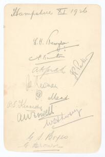 Hampshire C.C.C. 1926. Large album page nicely signed in pencil by eleven Hampshire players. Signatures are Tennyson (Captain), Brutton, Judd, Parker, Newman, Mead, Kennedy, Bowell, Livsey, Boyes and Brown. Good/ very good condition.