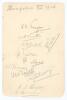 Hampshire C.C.C. 1926. Large album page nicely signed in pencil by eleven Hampshire players. Signatures are Tennyson (Captain), Brutton, Judd, Parker, Newman, Mead, Kennedy, Bowell, Livsey, Boyes and Brown. Good/ very good condition.