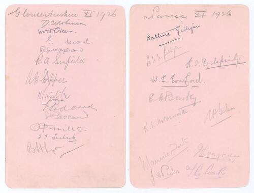 Gloucestershire and Sussex 1926. Large album page nicely signed in pencil to one side by twelve Gloucestershire players, and to the verso by eleven of Sussex (one signed in ink). Gloucestershire signatures are Robinson (Captain), Green, Wedel, Melsome, Si