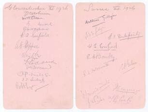 Gloucestershire and Sussex 1926. Large album page nicely signed in pencil to one side by twelve Gloucestershire players, and to the verso by eleven of Sussex (one signed in ink). Gloucestershire signatures are Robinson (Captain), Green, Wedel, Melsome, Si