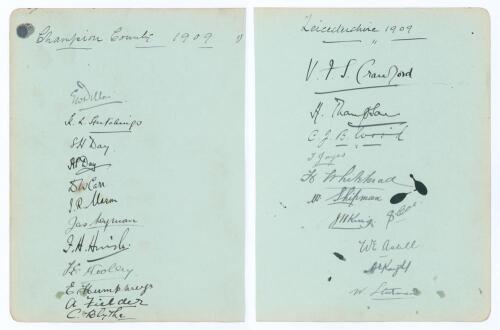 &lsquo;Champion County [Kent]&rsquo; and &lsquo;Leicestershire&rsquo; 1909. Large album page very nicely signed in black ink to one side by twelve members of the 1909 Kent team for the Champion County Match v The Rest at the Kennington Oval, 13th- 16th September 1909, and, to th