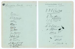 &lsquo;Champion County [Kent]&rsquo; and &lsquo;Leicestershire&rsquo; 1909. Large album page very nicely signed in black ink to one side by twelve members of the 1909 Kent team for the Champion County Match v The Rest at the Kennington Oval, 13th- 16th September 1909, and, to th