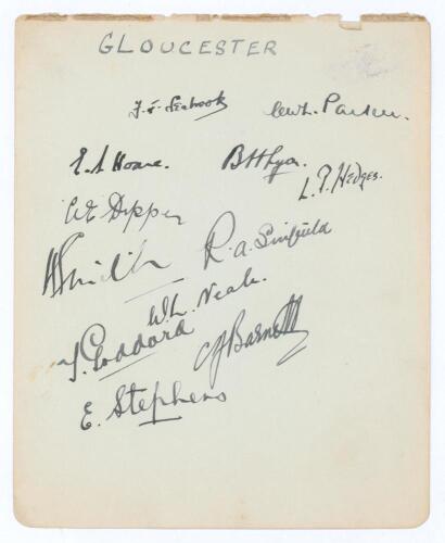 Gloucestershire C.C.C. 1929. Large album page very nicely signed in ink by twelve Gloucestershire players. Signatures are Seabrook, Parker, Lyon, Dipper, Hedges, Smith, Sinfield, Neale, Goddard, Barnett, Stephens, and the rarer Stanley Hoare (3 matches 19