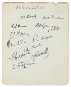 Gloucestershire C.C.C. 1929. Large album page very nicely signed in ink by twelve Gloucestershire players. Signatures are Seabrook, Parker, Lyon, Dipper, Hedges, Smith, Sinfield, Neale, Goddard, Barnett, Stephens, and the rarer Stanley Hoare (3 matches 19