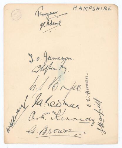 Hampshire C.C.C. 1928/29. Large album page very nicely signed in ink by eleven Hampshire players. Signatures are Tennyson (Captain), Jameson, Stephen Fry (son of C.B. Fry), Boyes, Newman, Kennedy, Brown, Livsey, Herman, Harfield, and the rarer Geoffrey Ad