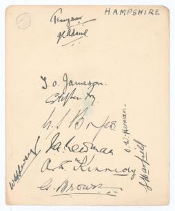Hampshire C.C.C. 1928/29. Large album page very nicely signed in ink by eleven Hampshire players. Signatures are Tennyson (Captain), Jameson, Stephen Fry (son of C.B. Fry), Boyes, Newman, Kennedy, Brown, Livsey, Herman, Harfield, and the rarer Geoffrey Ad