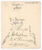 Hampshire C.C.C. 1928/29. Large album page very nicely signed in ink by eleven Hampshire players. Signatures are Tennyson (Captain), Jameson, Stephen Fry (son of C.B. Fry), Boyes, Newman, Kennedy, Brown, Livsey, Herman, Harfield, and the rarer Geoffrey Ad