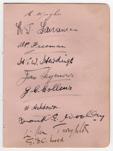 Kent & Worcestershire 1921. Album page nicely signed in ink to one side by ten members of the Kent team and to the verso by six of Worcestershire. Kent signatures are Wright, Fairservice, Freeman, Hardinge, Seymour, Collins, Ashdown, Woolley, Troughton an