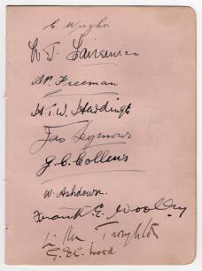 Kent & Worcestershire 1921. Album page nicely signed in ink to one side by ten members of the Kent team and to the verso by six of Worcestershire. Kent signatures are Wright, Fairservice, Freeman, Hardinge, Seymour, Collins, Ashdown, Woolley, Troughton an