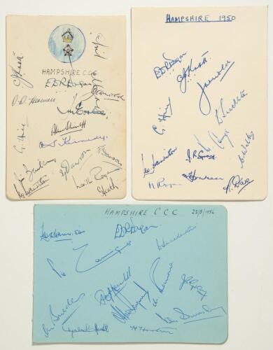 Hampshire C.C.C. 1947-1956. Three album pages of varying sizes signed by Hampshire players. Teams are c.1947 signed in ink by fifteen, 1950 signed in biro by twelve, and 1956 signed in biro by twelve, dated 22nd May 1956. Signatures include Knott, Eagar, 