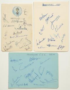 Hampshire C.C.C. 1947-1956. Three album pages of varying sizes signed by Hampshire players. Teams are c.1947 signed in ink by fifteen, 1950 signed in biro by twelve, and 1956 signed in biro by twelve, dated 22nd May 1956. Signatures include Knott, Eagar, 