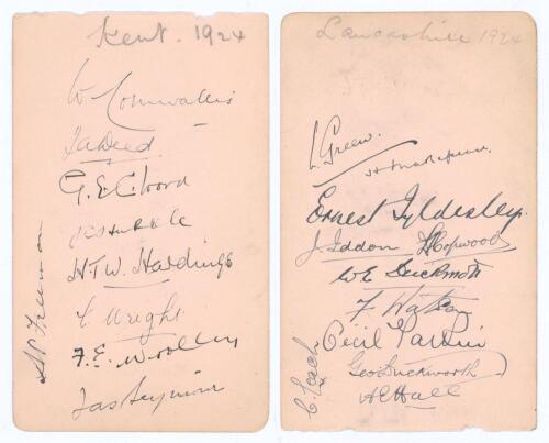 Kent and Lancashire 1924. Small album page signed in ink to one side by nine Kent players, and to the verso by eleven of Lancashire. Signatures are Cornwallis, Deed, Wood, Hubble, Hardinge, Wright, Woolley, Seymour and Freeman (Kent), Green, Makepeace, E.