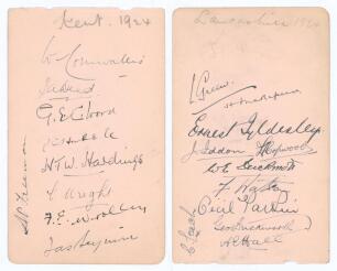 Kent and Lancashire 1924. Small album page signed in ink to one side by nine Kent players, and to the verso by eleven of Lancashire. Signatures are Cornwallis, Deed, Wood, Hubble, Hardinge, Wright, Woolley, Seymour and Freeman (Kent), Green, Makepeace, E.