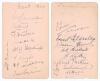 Kent and Lancashire 1924. Small album page signed in ink to one side by nine Kent players, and to the verso by eleven of Lancashire. Signatures are Cornwallis, Deed, Wood, Hubble, Hardinge, Wright, Woolley, Seymour and Freeman (Kent), Green, Makepeace, E.
