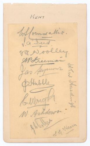 Kent c.1925. Album page laid to slightly larger page, signed in pencil by eleven Kent players. Signatures are Cornwallis (Captain), Deed, Woolley, Freeman, Seymour, Hubble, Wright, Ashdown, Collins, Hearn and Hardinge. Good condition.