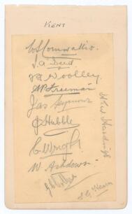 Kent c.1925. Album page laid to slightly larger page, signed in pencil by eleven Kent players. Signatures are Cornwallis (Captain), Deed, Woolley, Freeman, Seymour, Hubble, Wright, Ashdown, Collins, Hearn and Hardinge. Good condition.