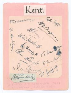 Kent C.C.C. 1928. Small album page laid to larger page, signed in ink by thirteen Kent players, eleven of whom played in the match v Sussex at Hastings, 11th- 14th August 1928. Signatures are Legge (Captain), Woolley, Bryan, Ashdown, Hardinge, Ames, Marri