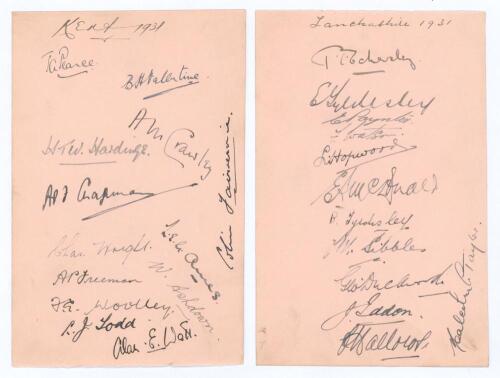 Kent and Lancashire 1931. Album page nicely signed in ink to one side by thirteen Kent players, and to the verso by twelve of Lancashire for the match played at Old Trafford 27th- 29th May 1931. Kent signatures are Pearce, Valentine, Crawley, Hardinge (si
