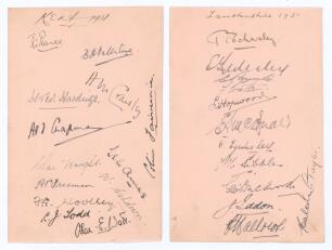 Kent and Lancashire 1931. Album page nicely signed in ink to one side by thirteen Kent players, and to the verso by twelve of Lancashire for the match played at Old Trafford 27th- 29th May 1931. Kent signatures are Pearce, Valentine, Crawley, Hardinge (si