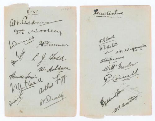 Kent and Leicestershire c.1934. Album page nicely signed in ink to one side by twelve Kent players, and to the verso by nine of Leicestershire. Kent signatures are Chapman, Woolley, Ames, Freeman, Watt, Todd, Ashdown, Lewis, Mitchell, Fagg, D. Wright and 