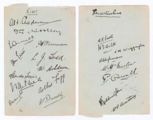 Kent and Leicestershire c.1934. Album page nicely signed in ink to one side by twelve Kent players, and to the verso by nine of Leicestershire. Kent signatures are Chapman, Woolley, Ames, Freeman, Watt, Todd, Ashdown, Lewis, Mitchell, Fagg, D. Wright and 