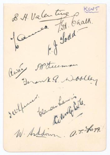 Kent C.C.C. 1936. Album page very nicely signed in black ink by eleven members of the Kent team. Signatures are Valentine (Captain), Chalk, Todd, Watt, Freeman, Woolley, Spencer, Lewis, Ashdown, Fagg, and the rarer Colin Cole (27 matches 1935-1938). Sligh
