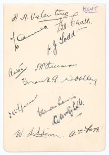 Kent C.C.C. 1936. Album page very nicely signed in black ink by eleven members of the Kent team. Signatures are Valentine (Captain), Chalk, Todd, Watt, Freeman, Woolley, Spencer, Lewis, Ashdown, Fagg, and the rarer Colin Cole (27 matches 1935-1938). Sligh